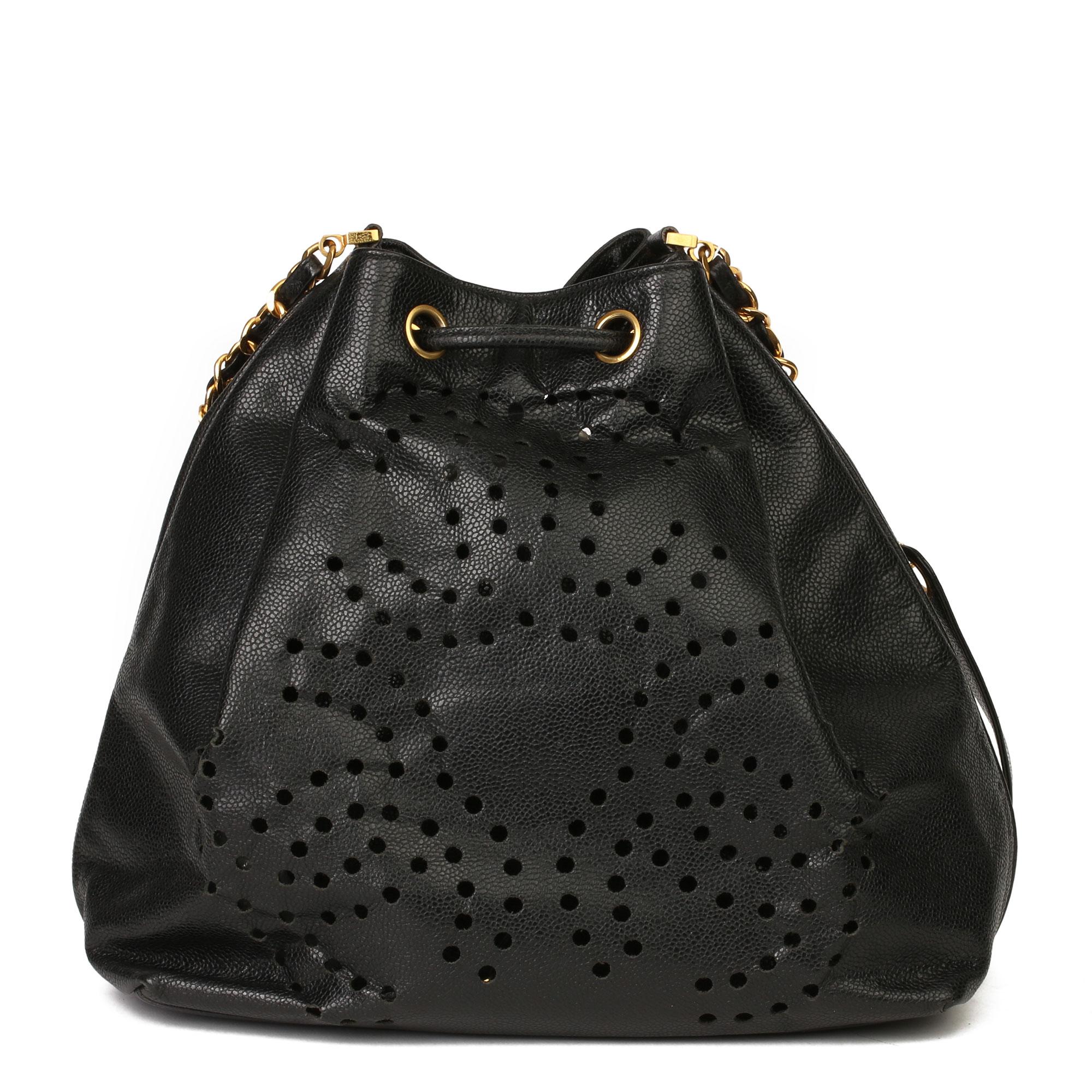 Women's Chanel Black CC Perforated Caviar Leather Vintage Timeless Bucket Bag