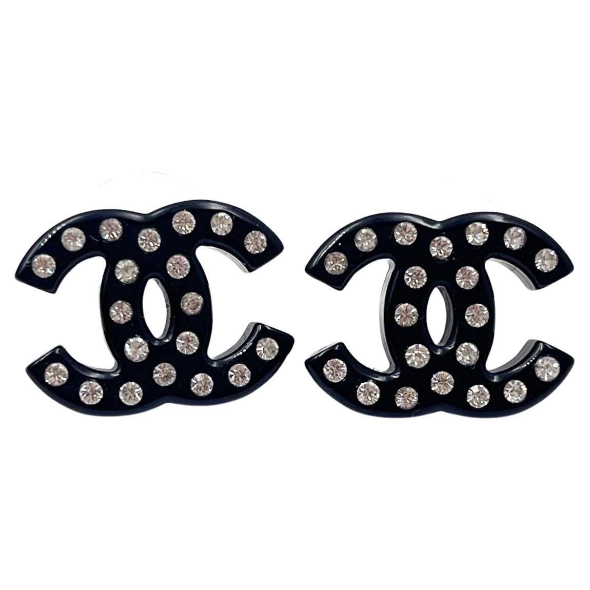 Chanel Black CC Resin Crystal Piercing Earrings 