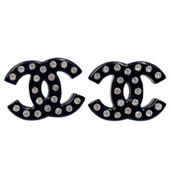 Chanel Black CC Resin Crystal Piercing Earrings 