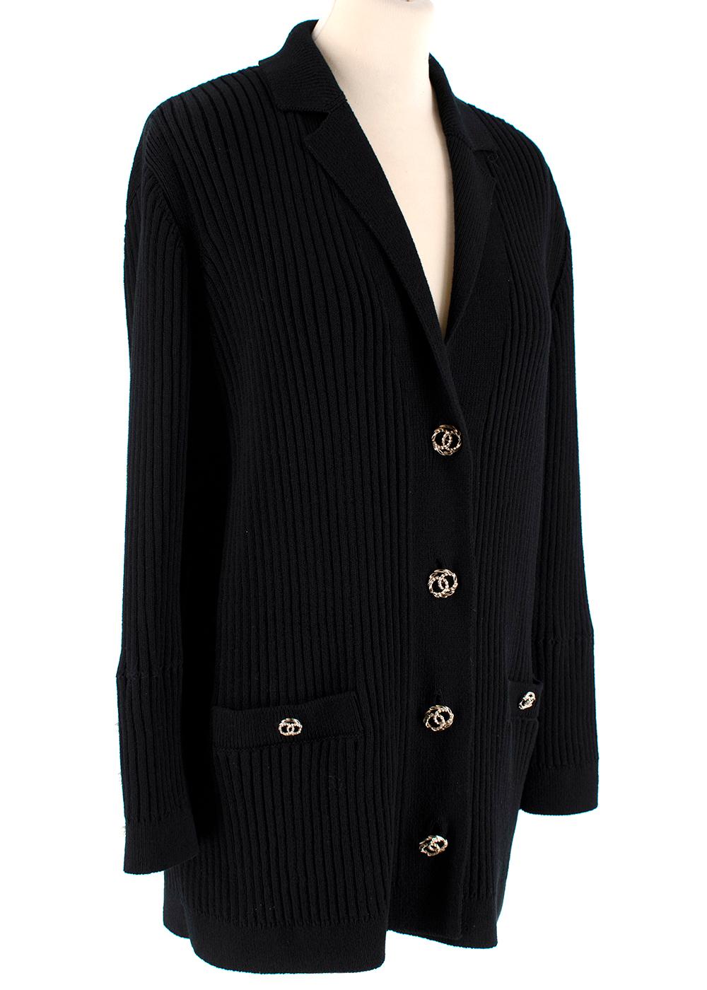 Chanel Black CC Ribbed Knit Cotton Cardigan - Size US 10 In New Condition For Sale In London, GB
