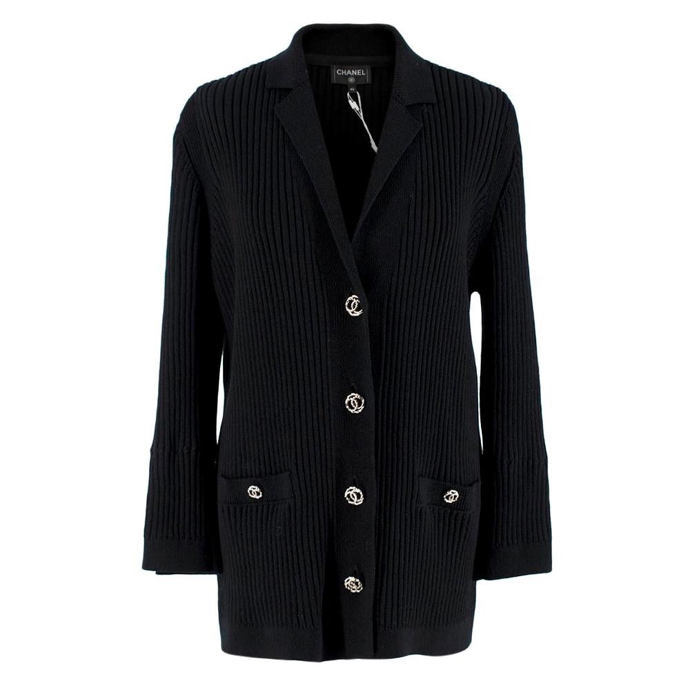 Chanel Black CC Ribbed Knit Cotton Cardigan - Size US 10 For Sale