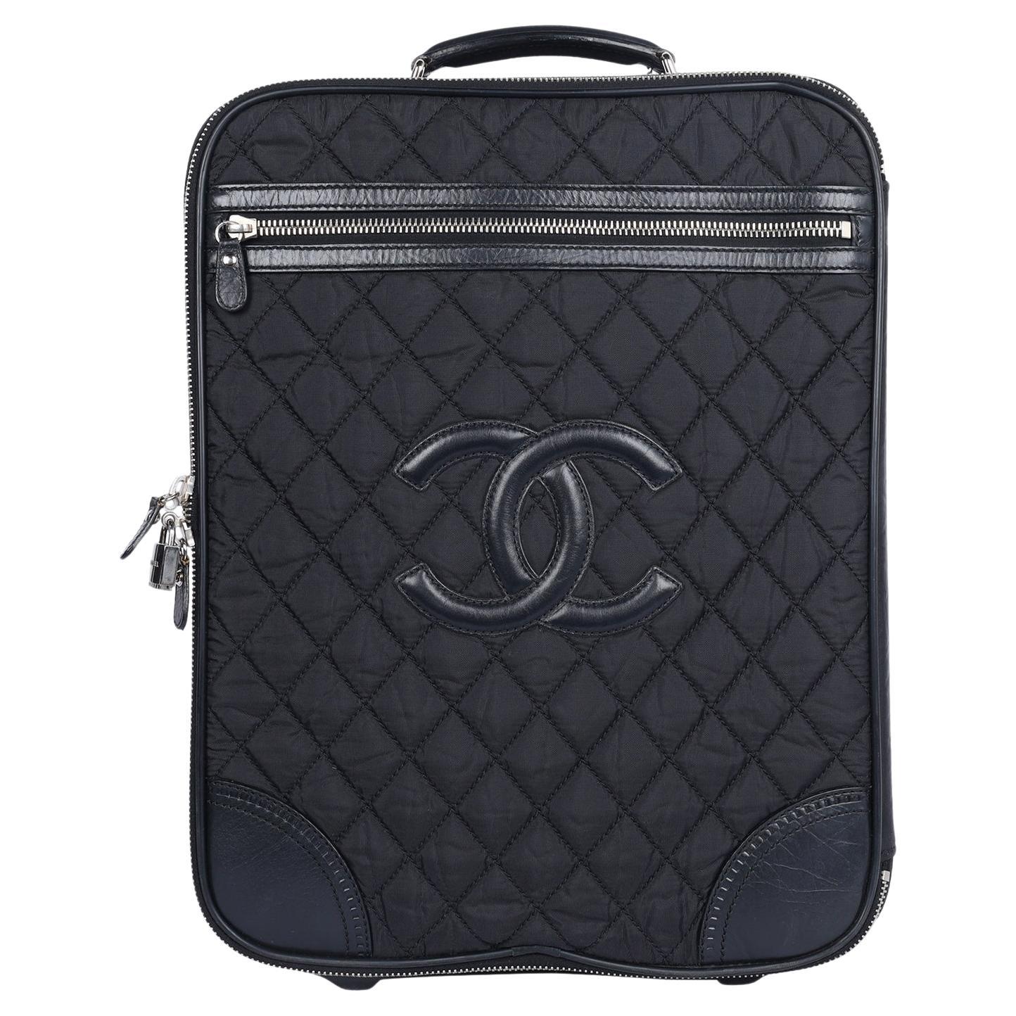 Chanel Black CC Rolling Trolley Quilted Nylon Leather Medium 