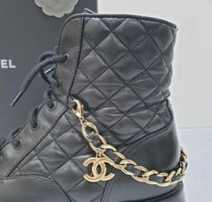 Chanel Black CC Shiny Lace Up Combat Boots
