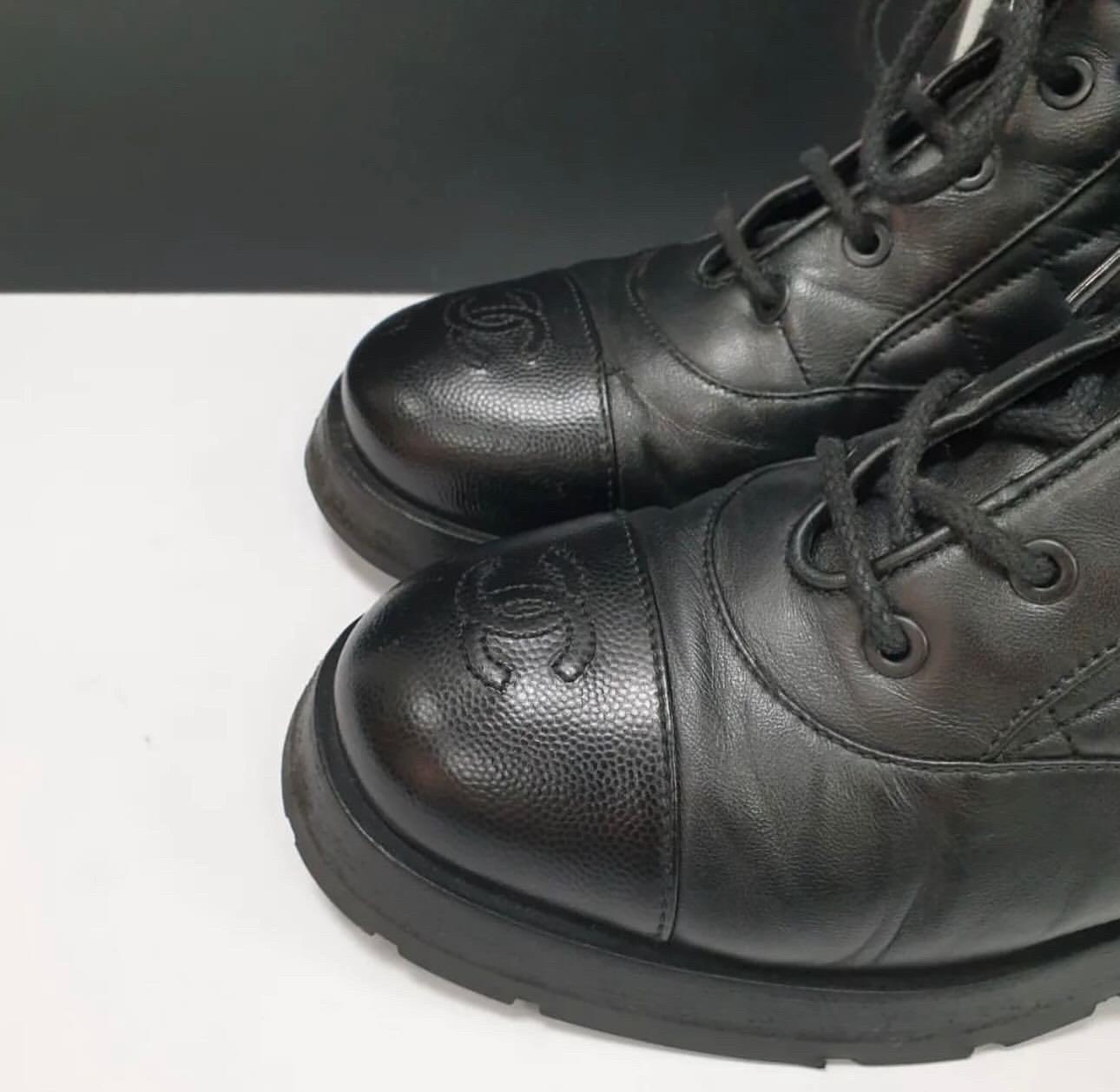 Women's Chanel Black CC Shiny Lace Up Combat Boots