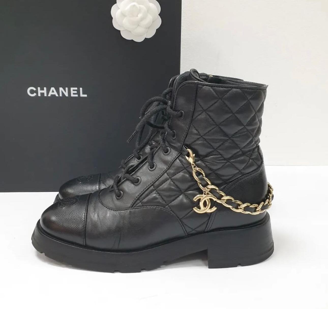 Chanel Black CC Shiny Lace Up Combat Boots 2
