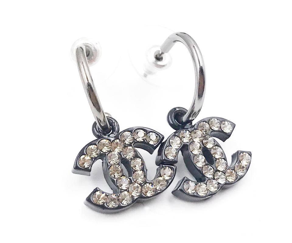 Artisan Chanel Black CC Shiny Silver Crystal Dangle Hoop Piercing Earrings  For Sale