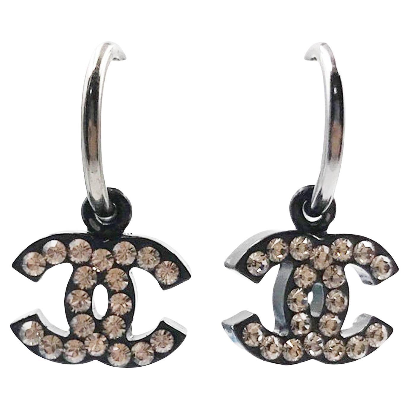 Chanel Black CC Shiny Silver Crystal Dangle Hoop Piercing Earrings  For Sale