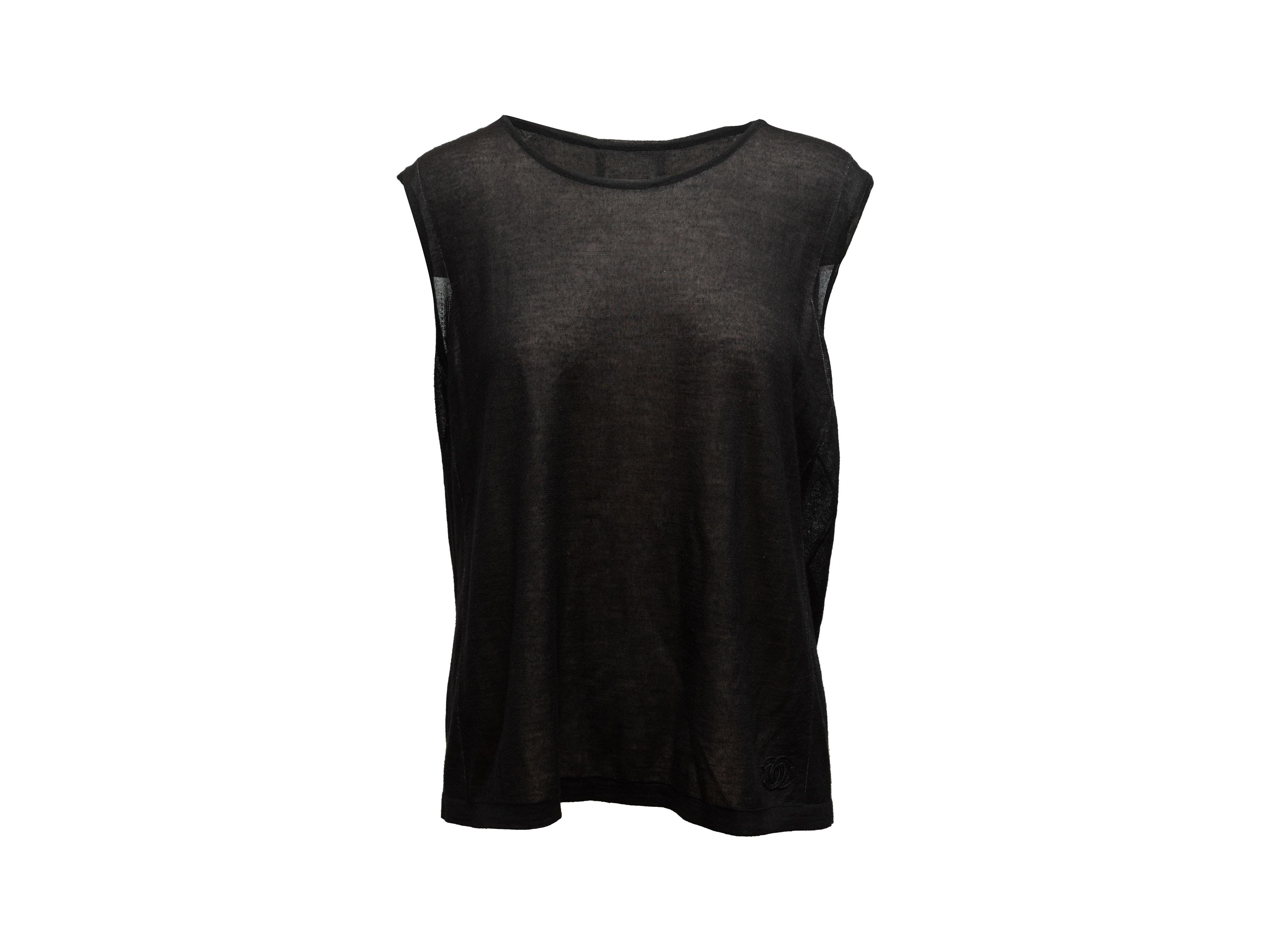 Product details: Black sleeveless top by Chanel. Crew neck. CC logo intarsia pattern at chest. Designer size 46. 27