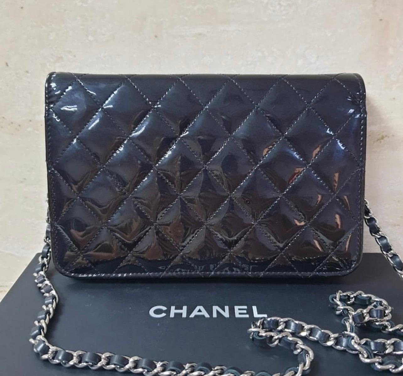 Chanel Black Cc Timeless Patent Leather Wallet On Chain 4