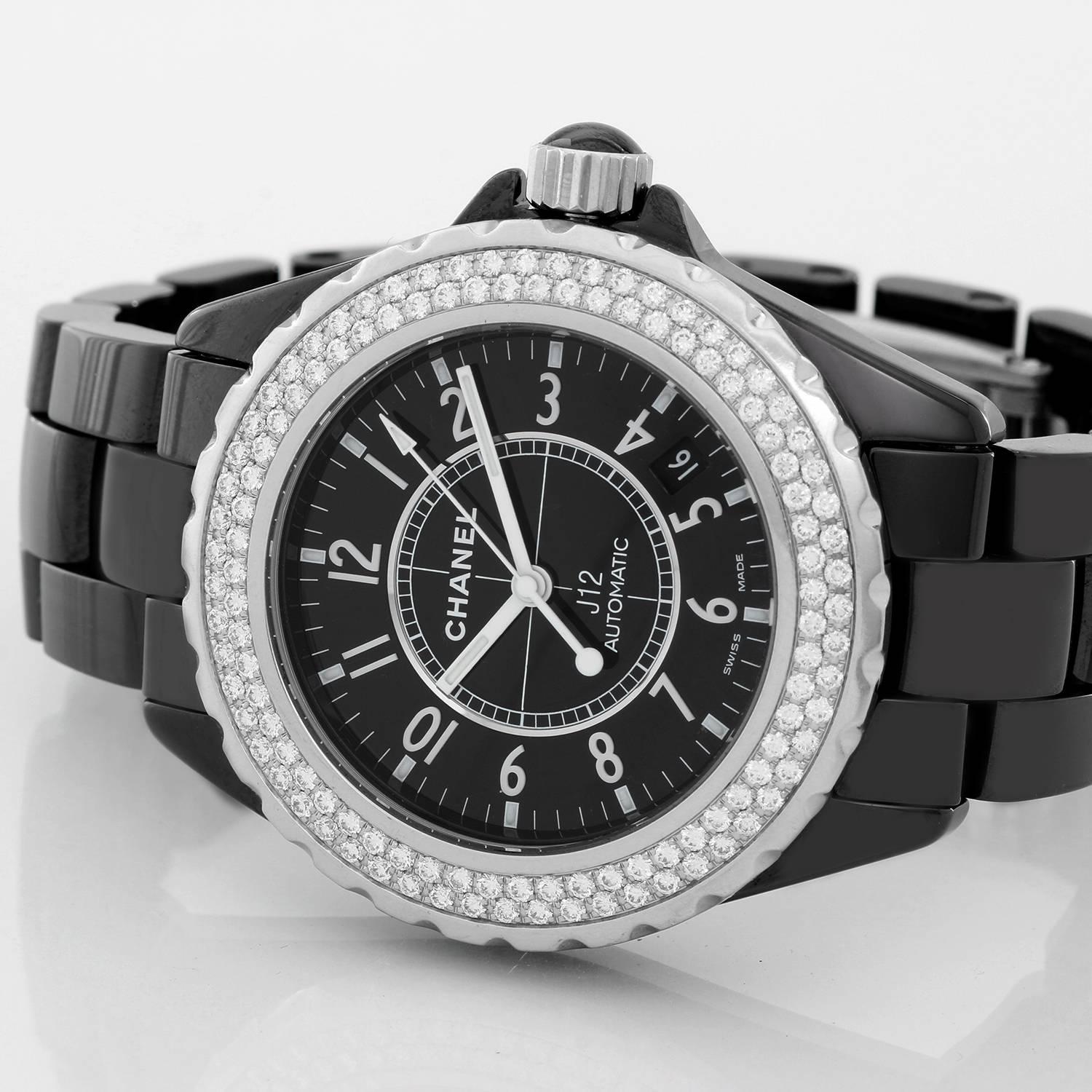 Chanel J12 Black Ceramic Automatic 38mm  Diamond Watch H0969 - Automatic winding. Black ceramic case with 2-row diamond bezel (38mm diameter). Black dial with black Arabic numerals; date between 4 & 5 o'clock. Black ceramic bracelet. Pre-owned with