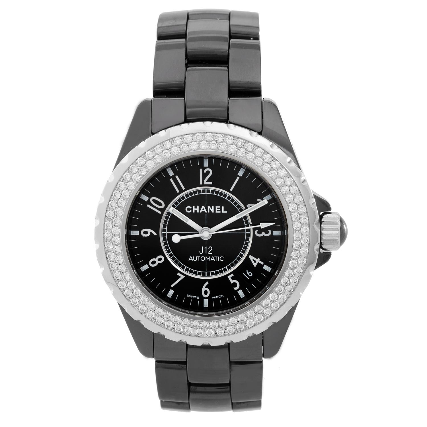 Women's Chanel Black Ceramic Diamond J12 Collection Automatic Wristwatch Ref H0969