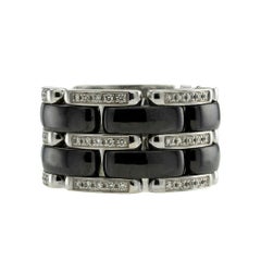 Chanel Black Ceramic Diamond White Gold Ultra Wide Flex Ring Size 5 1/4