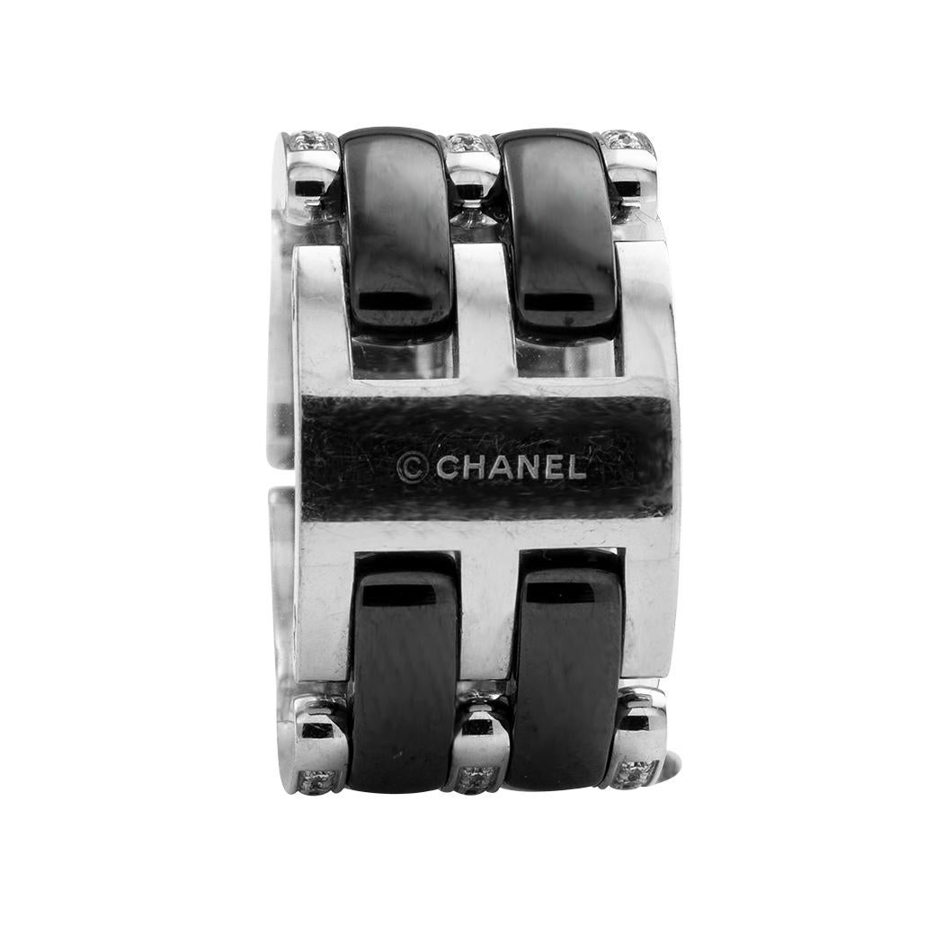 Chanel Ultra Breiter Flex-Ring aus schwarzer Keramik mit Diamant in Weißgold, Größe 5 1/4 (Rundschliff) im Angebot