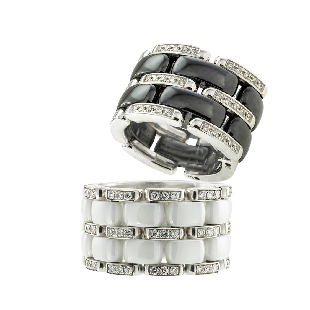 Chanel Ultra Breiter Flex-Ring aus schwarzer Keramik mit Diamant in Weißgold, Größe 5 1/4 im Zustand „Gut“ im Angebot in Los Angeles, CA