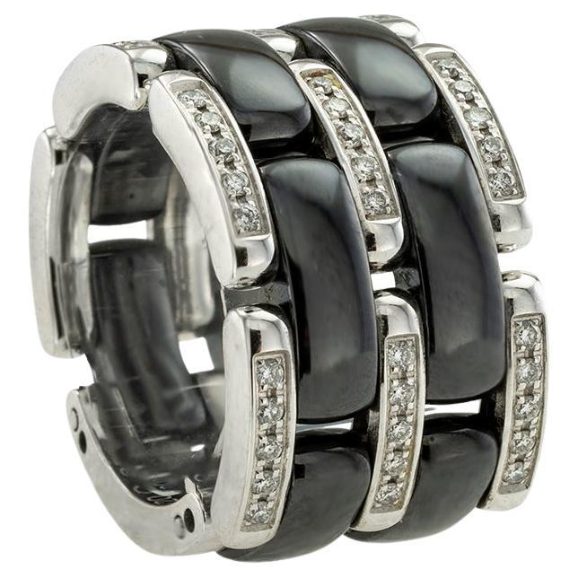 Chanel Black Ceramic Diamond White Gold Ultra Wide Flex Ring Size 5 1/4 For Sale