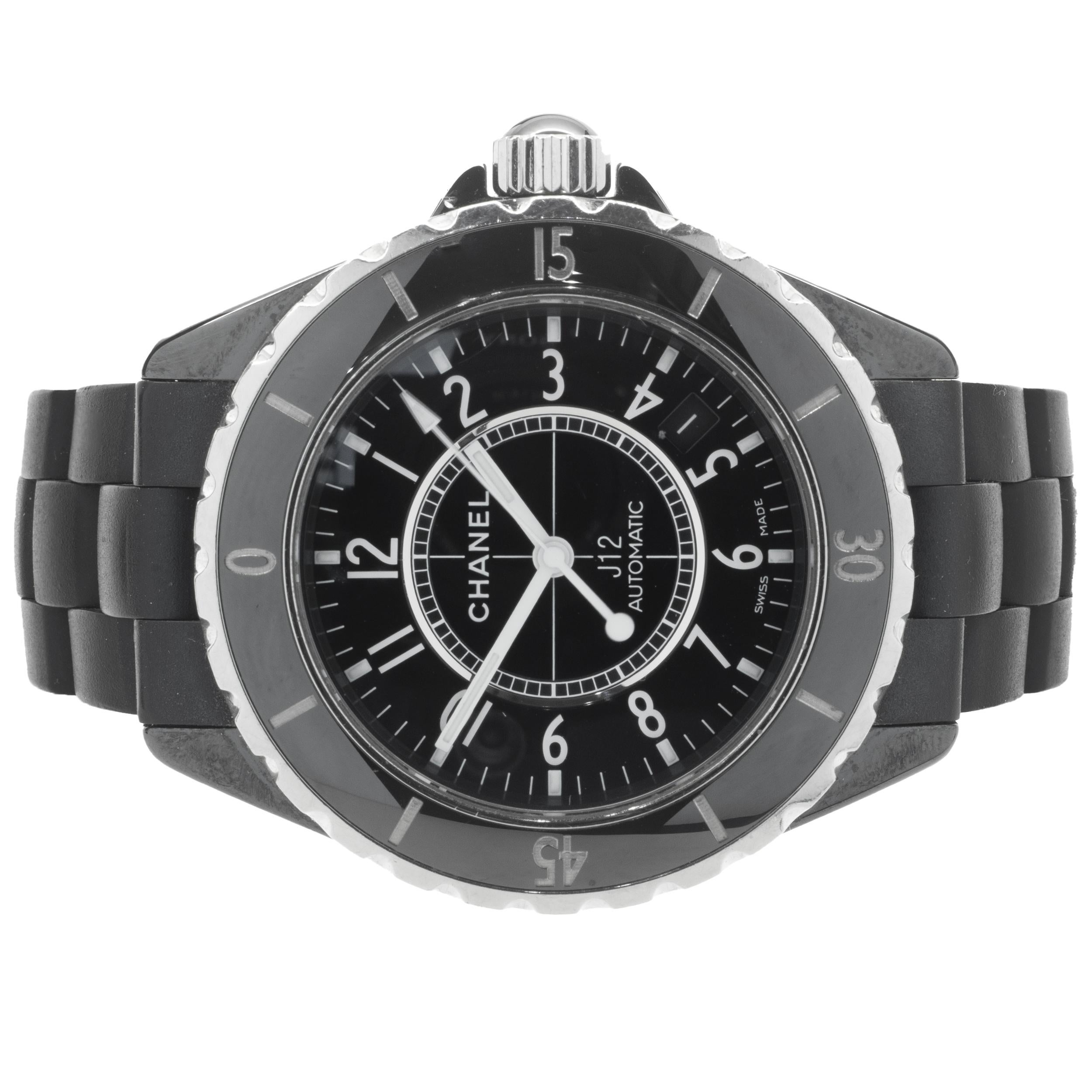 Movement: quartz
Function: hours, minutes, seconds, date 
Case: 38mm black ceramic case, uni-directional rotating bezel, sapphire crystal, water resistant to 200 meters
Band: black rubber bracelet
Dial: black arabic dial
Reference #: J12 
Serial #: