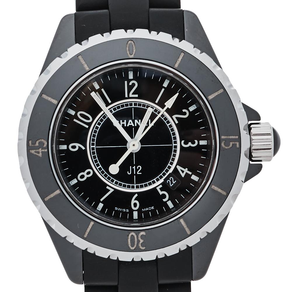 Chanel Black Ceramic & Rubber J12 H0681 Unisex Wristwatch 33 mm In Good Condition In Dubai, Al Qouz 2