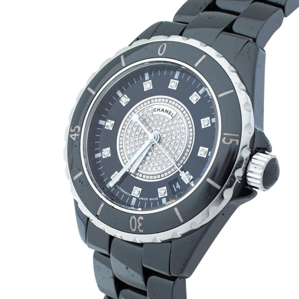 Contemporary Chanel Black Ceramic Stainless Steel Diamond Ceramic J12 H1757 Unisex Wristwatch