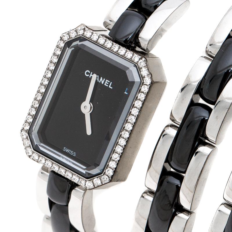 The Premiere watch by Chanel was the first timepiece from the house and instead of a round case, it has a rectangular one with cut edges, mimicking the bottle stopper of Chanel No.5 perfume. This stainless steel version carries the same case iced