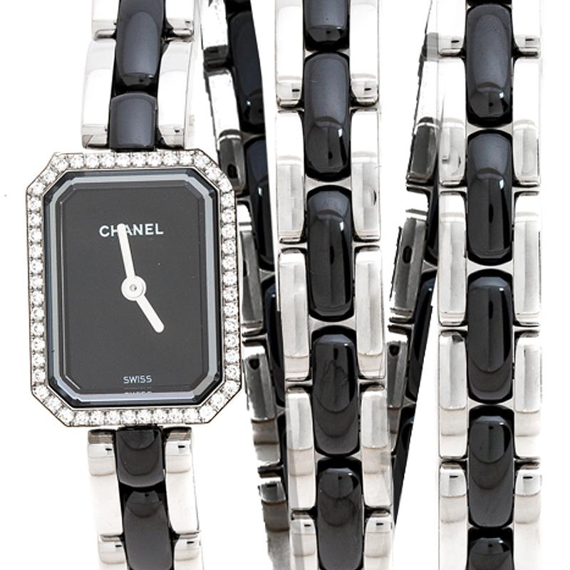 Contemporary Chanel Black Ceramic Stainless Steel Diamond Premiere Women's Wristwatch 15 mm