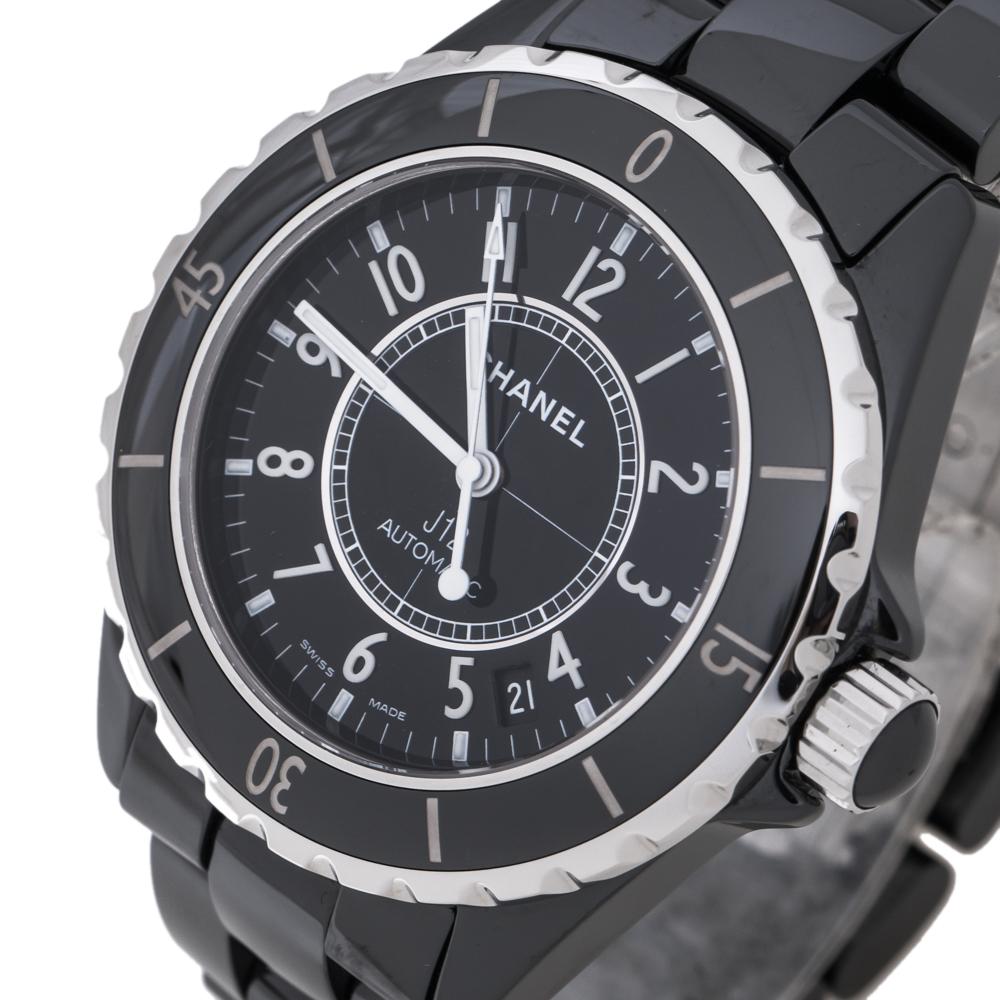 Contemporary Chanel Black Ceramic Stainless Steel J12 Women's Wristwatch 39 mm