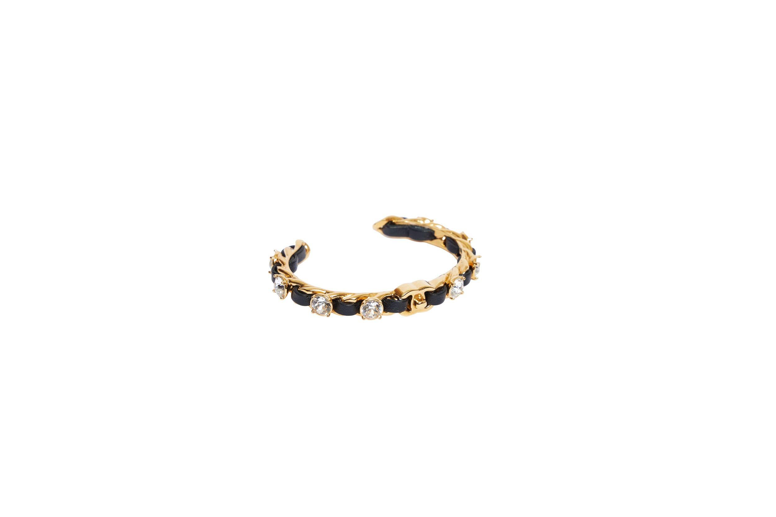 Chanel new gold chain cuff with black woven leather and rhinestones. Opening 1