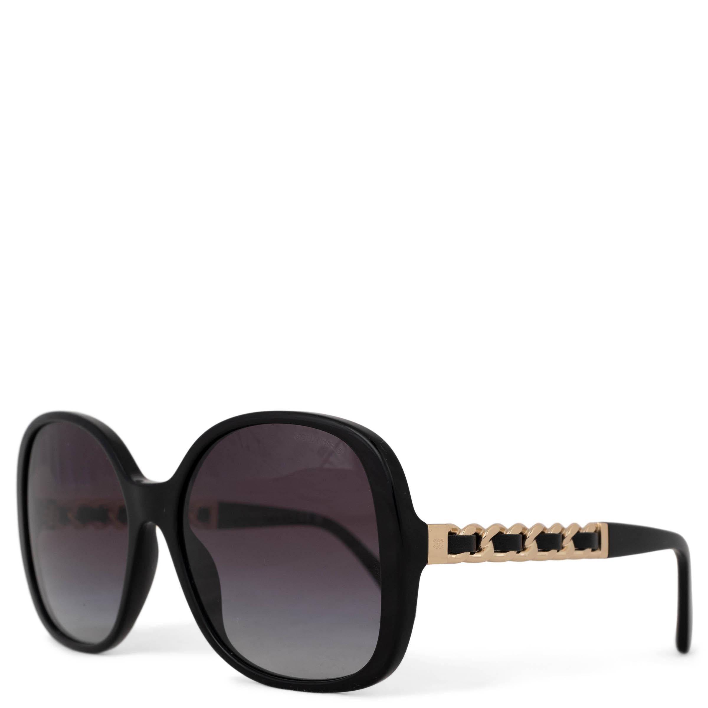 This 100% authentic Chanel sunglasses in black acetate exude timeless elegance. Featuring black leather interwoven gold-tone chain detail at the temples, they blend classic sophistication with a modern edge. The design is completed with grey