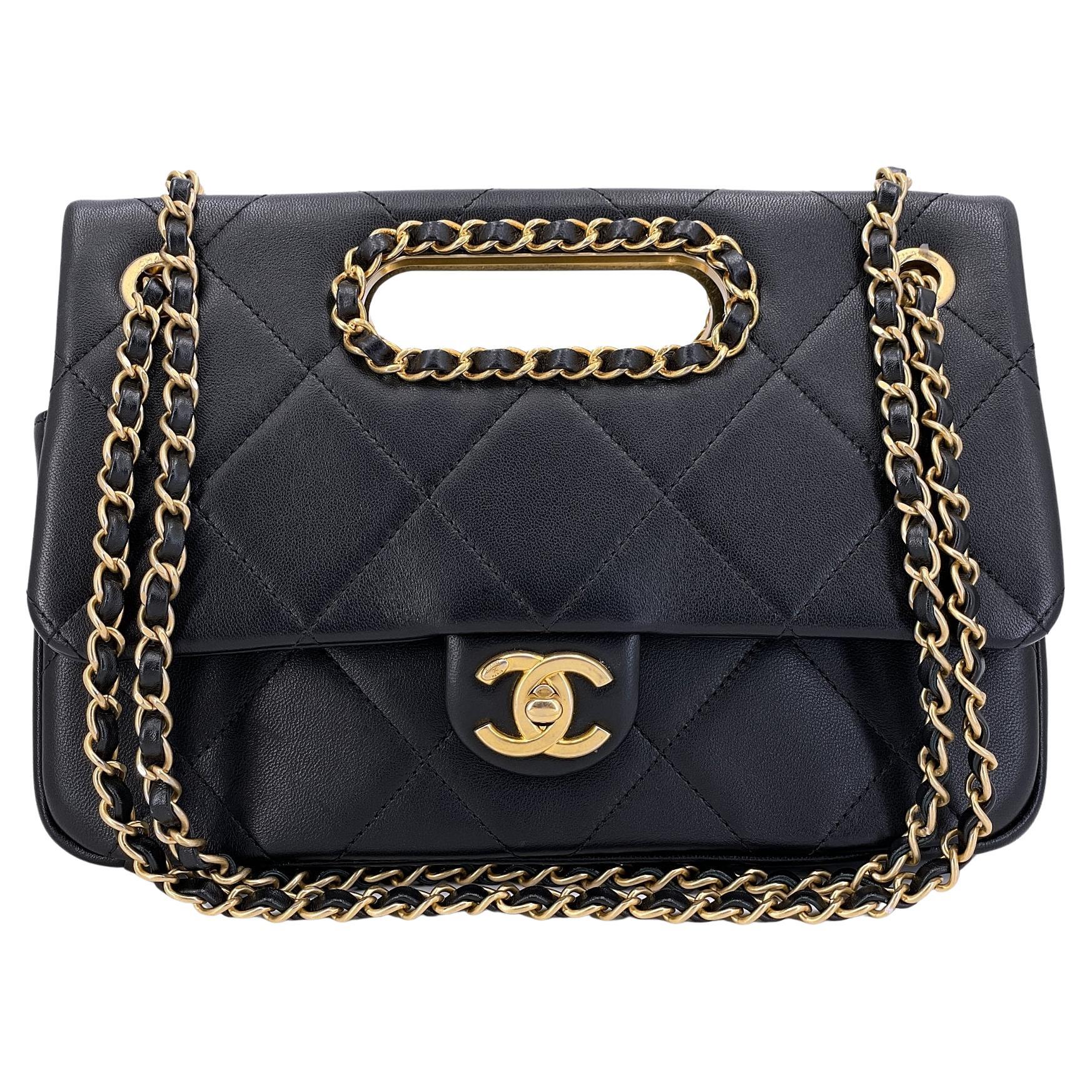 Chanel, sac à main noir avec anse en chaîne et rabat, GHW  68023 en vente