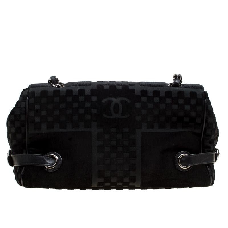 Women's Chanel Black Check Embossed Velvet Vintage CC Side Belted Bowler Bag