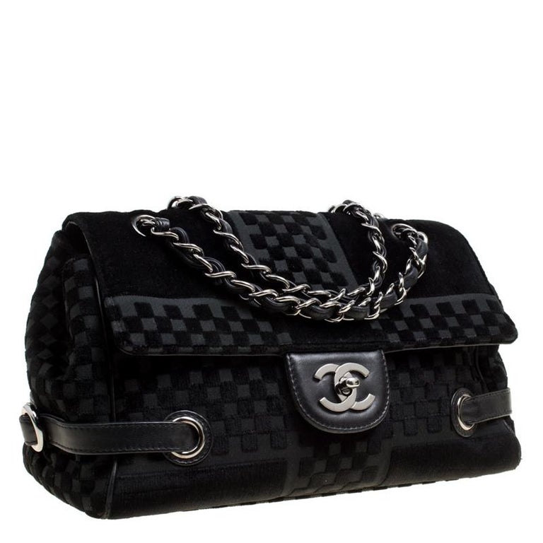 Chanel Black Check Embossed Velvet Vintage CC Side Belted Bowler Bag