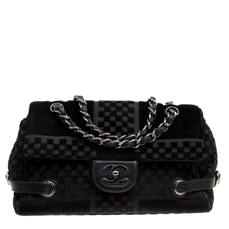 Chanel Black Check Embossed Velvet Vintage CC Side Belted Bowler Bag