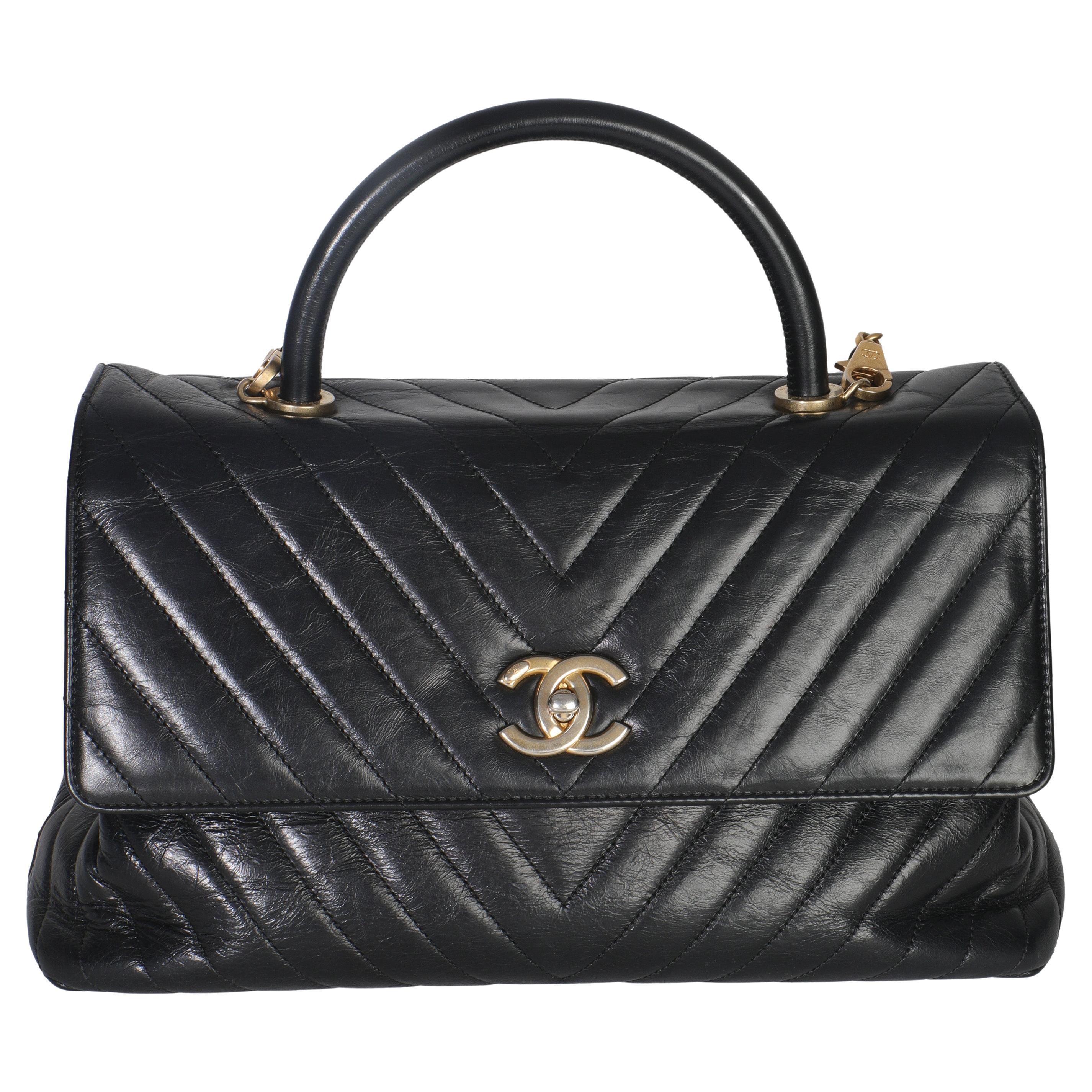 Chanel Black Chevron Aged Calfskin Large Coco Top Handle Bag For Sale