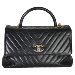 Chanel Black Chevron Aged Calfskin Large Coco Top Handle Bag
