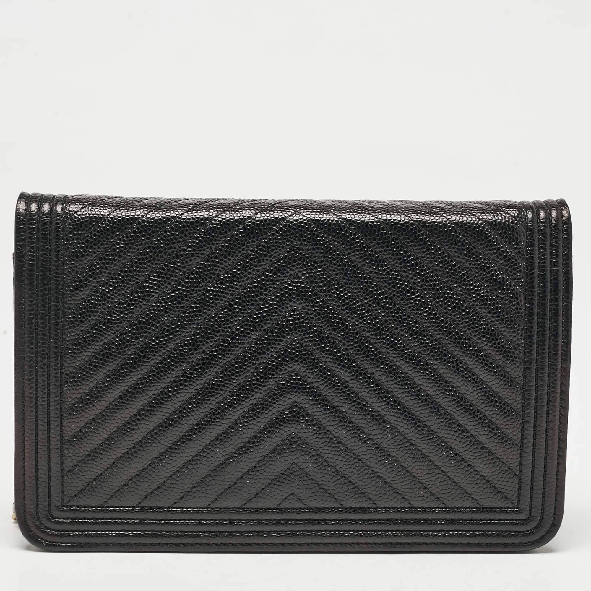 Women's Chanel Black Chevron Caviar Leather Boy Wallet On Chain