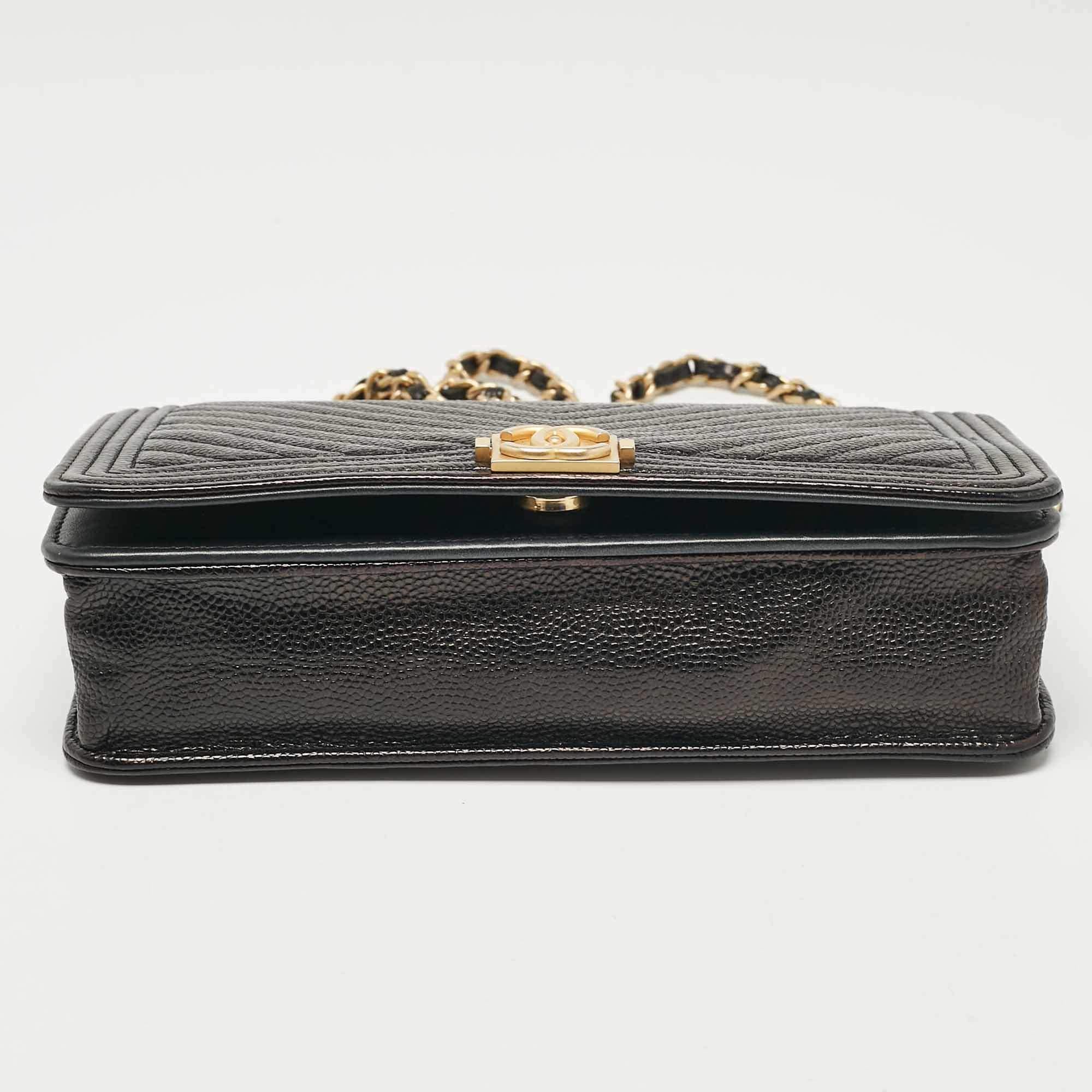 Chanel Black Chevron Caviar Leather Boy Wallet On Chain 2