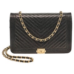 Chanel Black Chevron Caviar Leather Boy Wallet On Chain