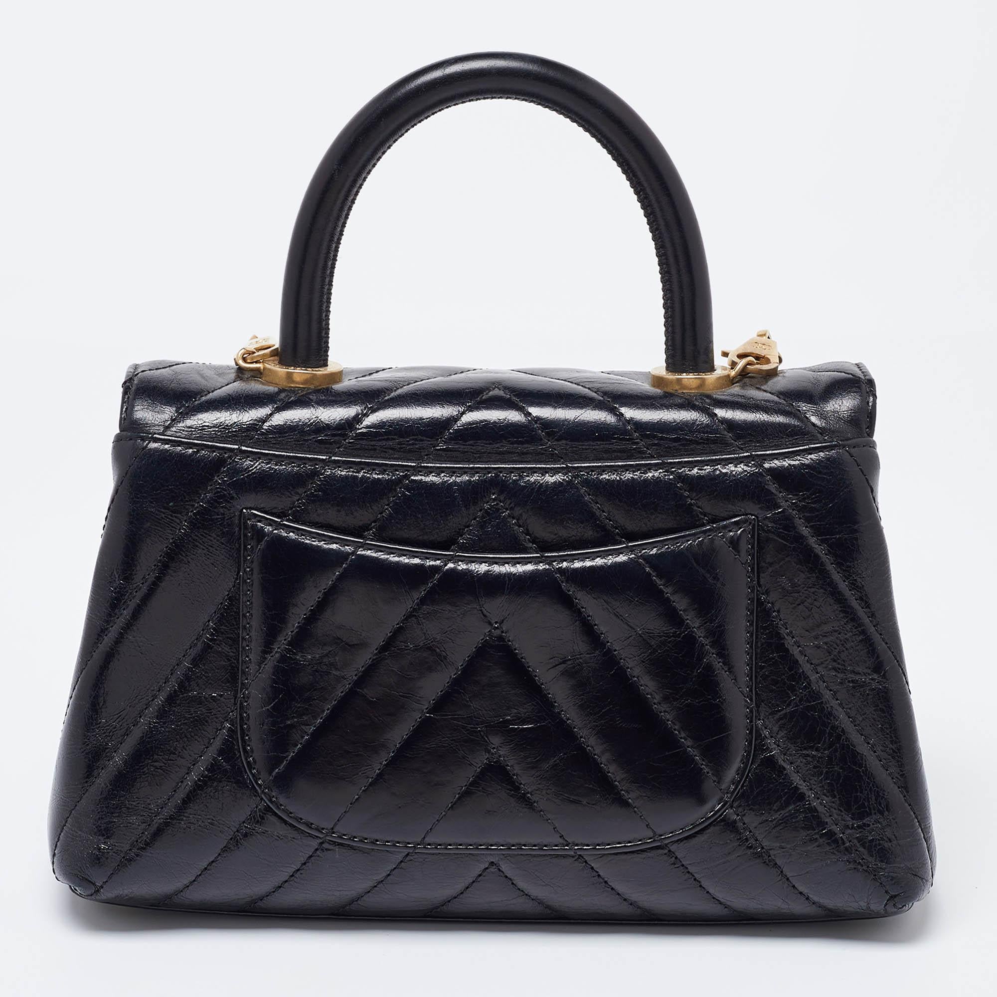 Women's Chanel Black Chevron Glazed Leather Mini Coco Top Handle Bag