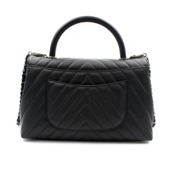 Chanel Black Chevron Grained Calfskin Ruthenium Metal Flap Bag With Top Handle