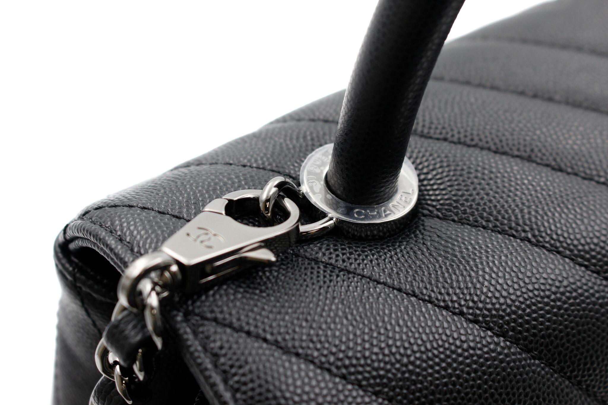 Women's Chanel Black Chevron Grained Calfskin Ruthenium Metal Flap Bag With Top Handle 