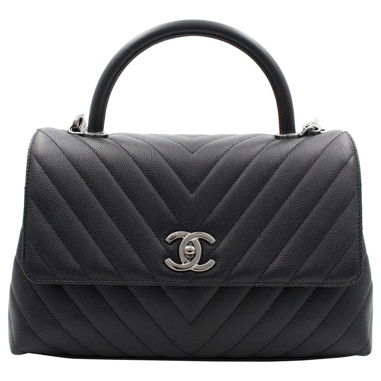 Chanel Black Chevron Grained Calfskin Ruthenium Metal Flap Bag With Top  Handle at 1stDibs
