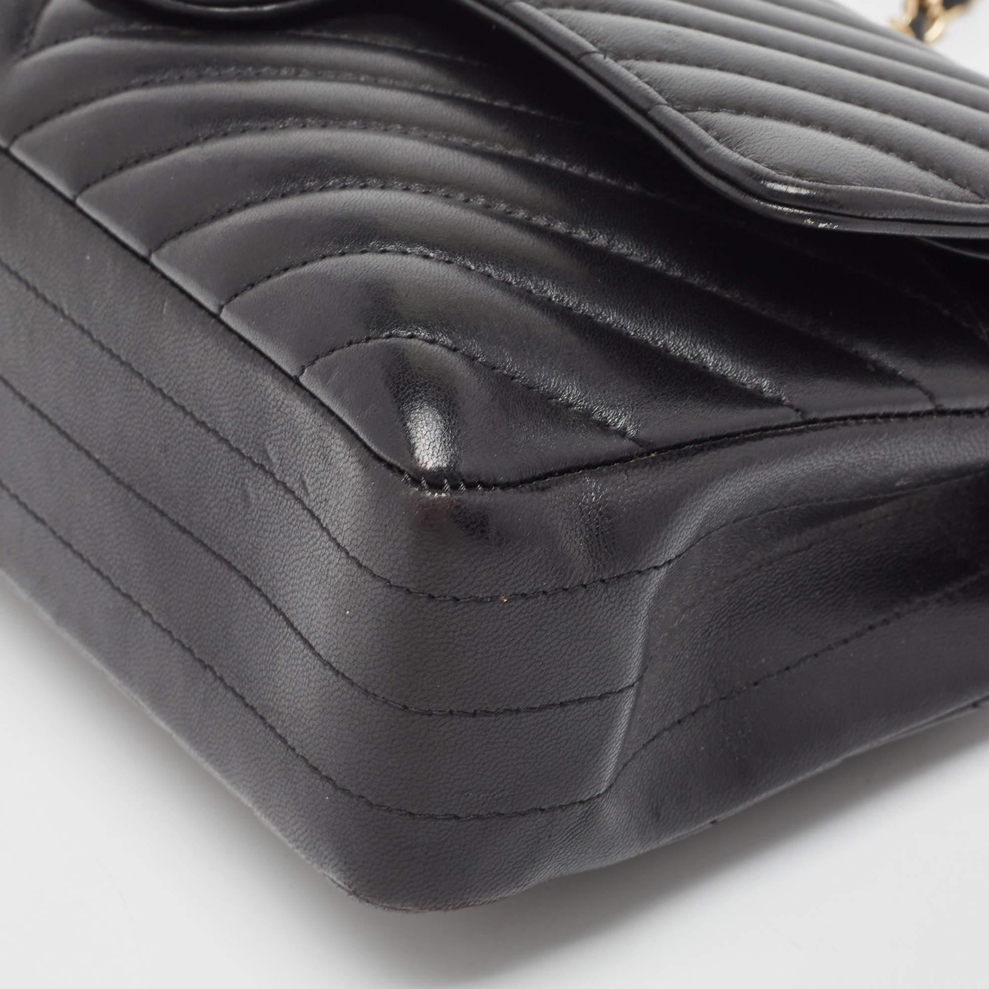 Chanel Black Chevron Lambskin Leather Medium Classic Double Flap Bag 12