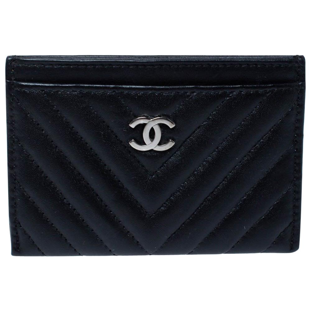 Chanel Black Chevron Leather Card Holder