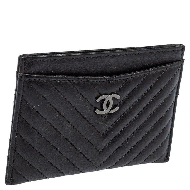 Chanel Chevron CC Zipped Card Holder Black Lambskin Silver Hardware