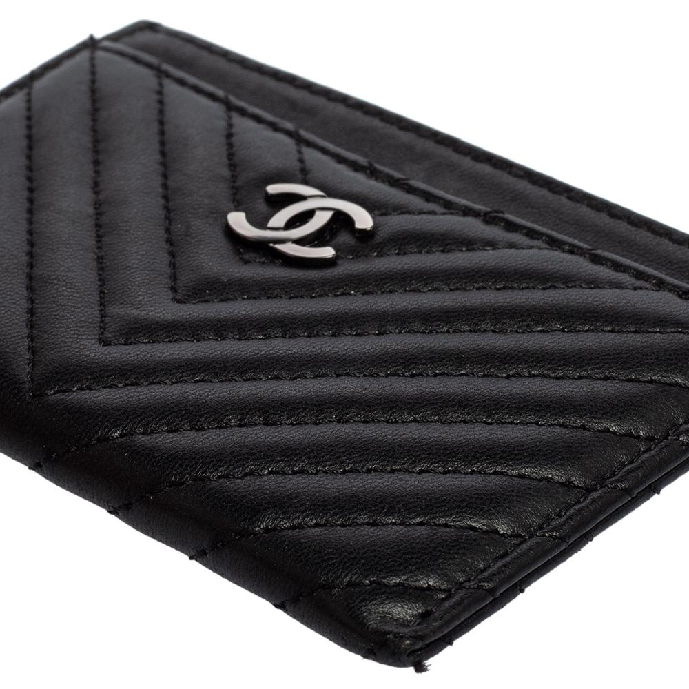 Women's Chanel Black Chevron Leather CC Card Holder