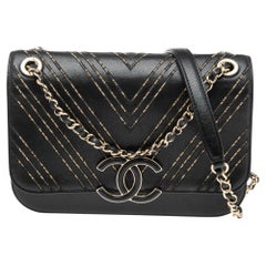 Chanel Black Chevron Leather CC Subtle Flap Bag