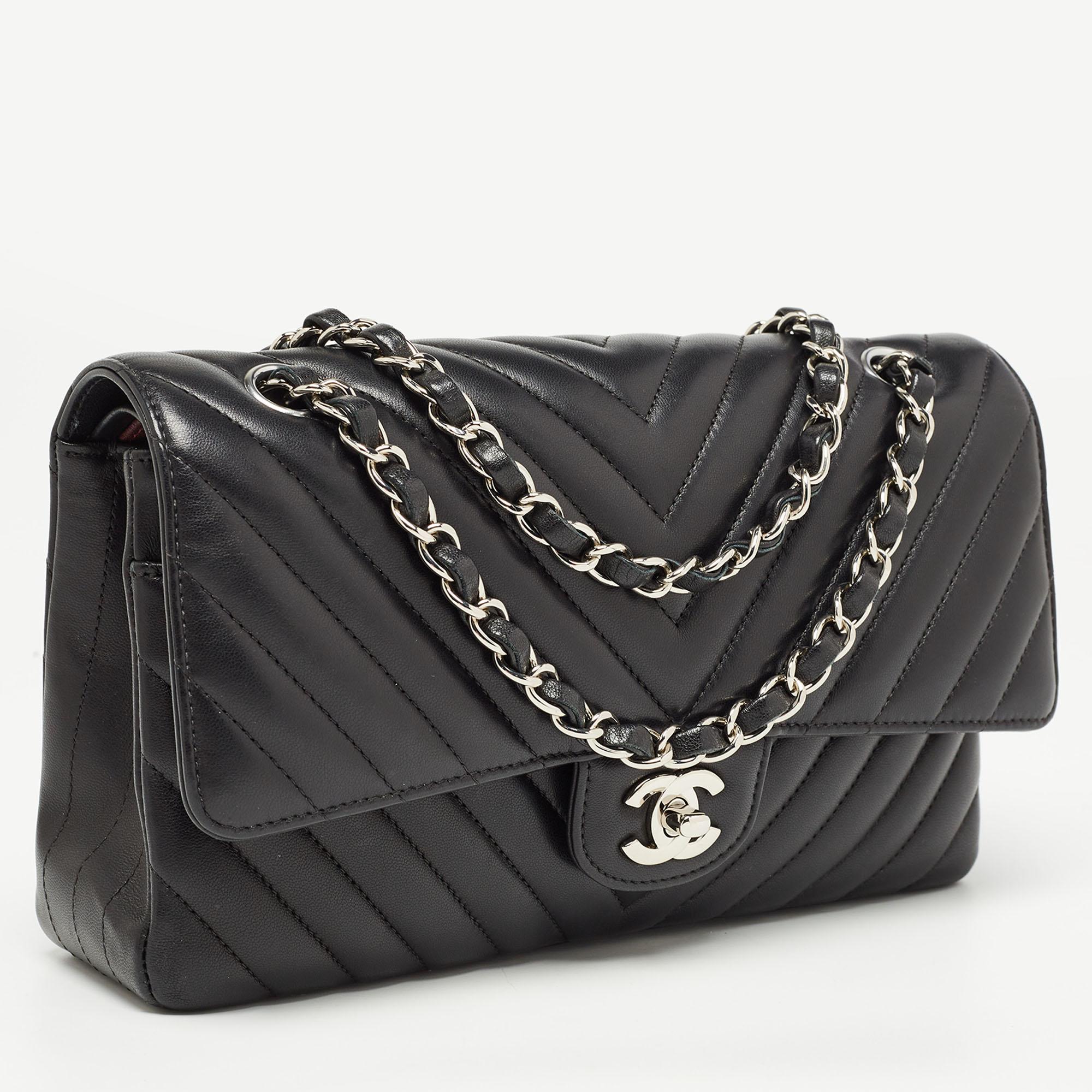 Women's Chanel Black Chevron Leather Medium Classic Double Flap Bag