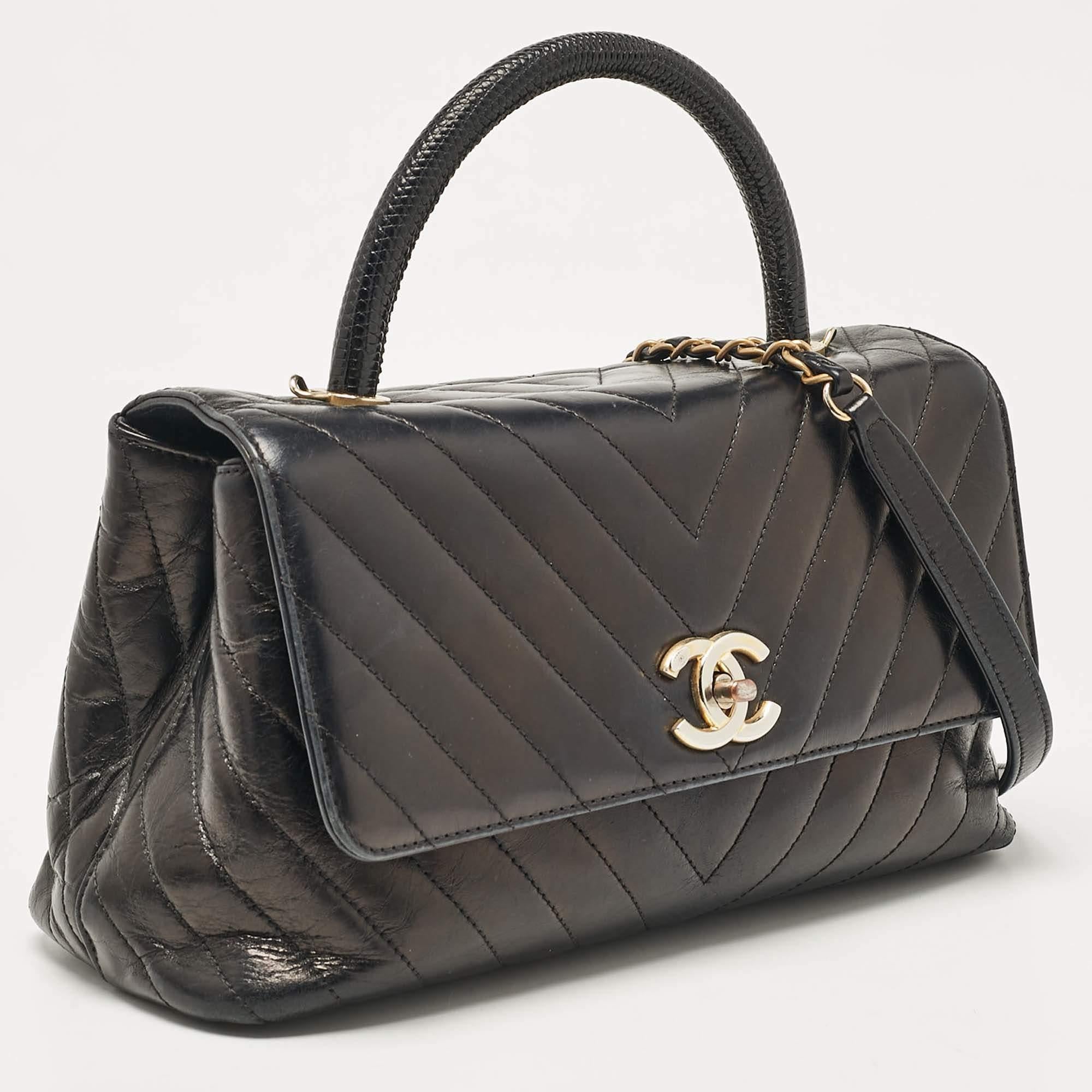 Chanel Black Chevron Leather Small Coco Top Handle Bag In Fair Condition For Sale In Dubai, Al Qouz 2