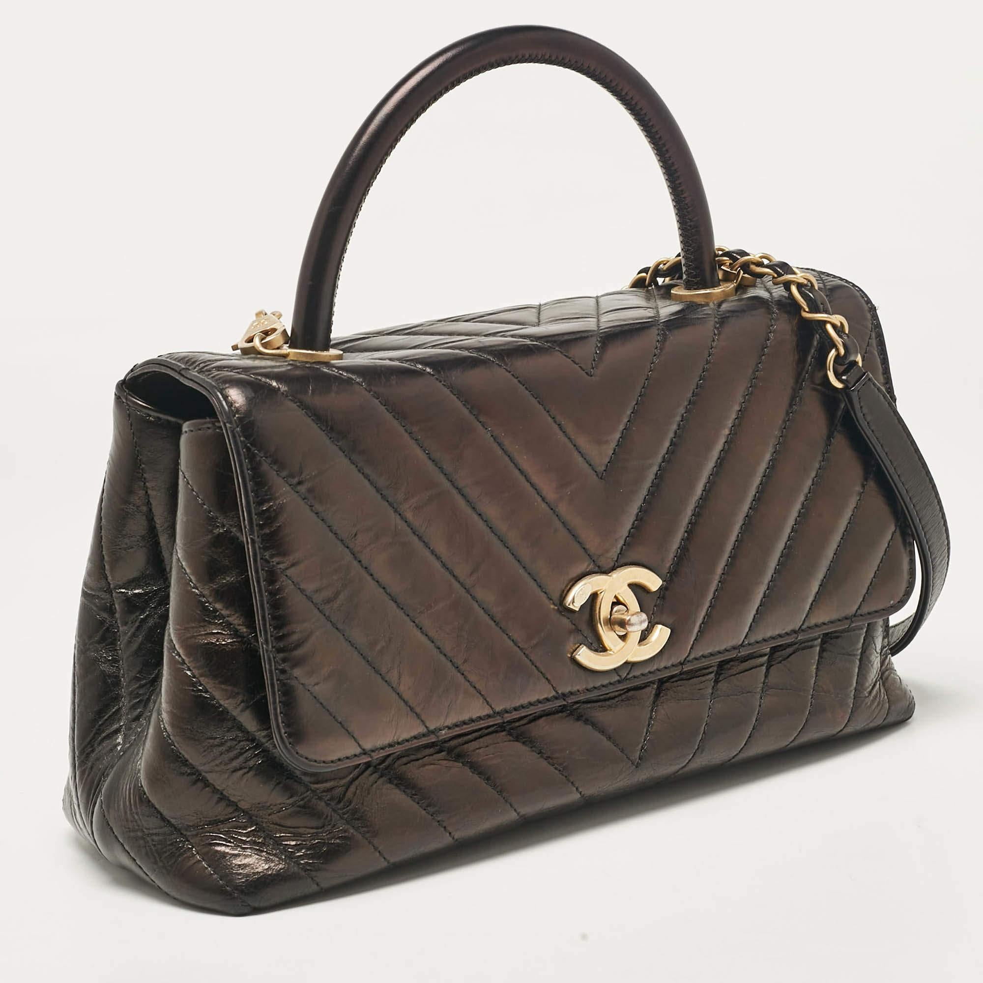Chanel Black Chevron Leather Small Coco Top Handle Bag In Fair Condition For Sale In Dubai, Al Qouz 2