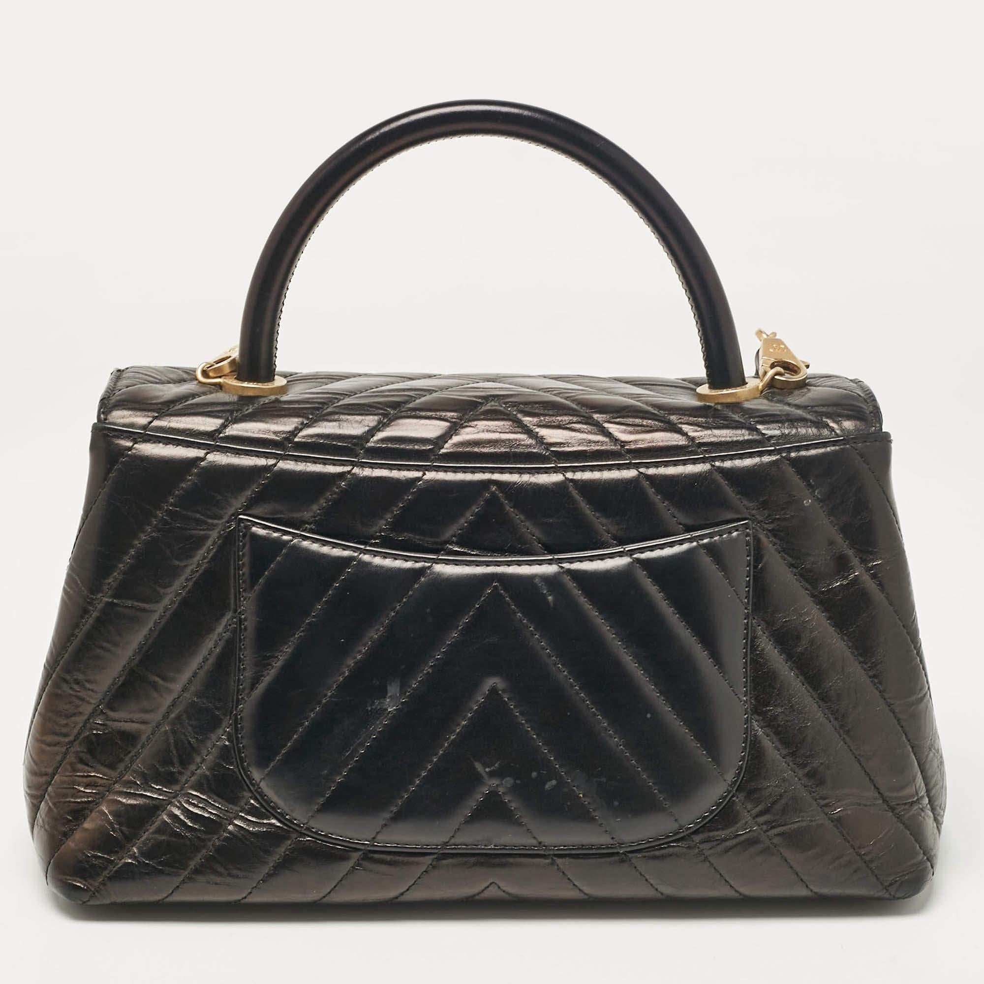 Women's Chanel Black Chevron Leather Small Coco Top Handle Bag For Sale