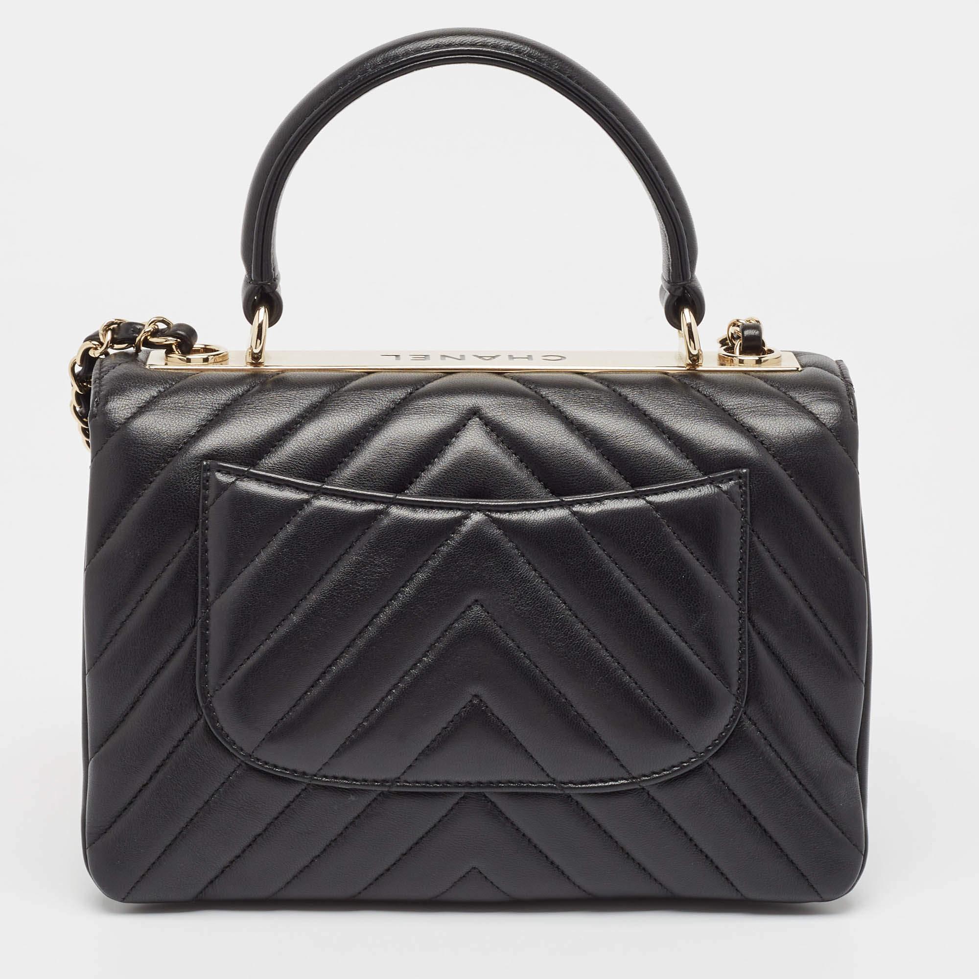 Women's Chanel Black Chevron Leather Small Trendy CC Top Handle Bag